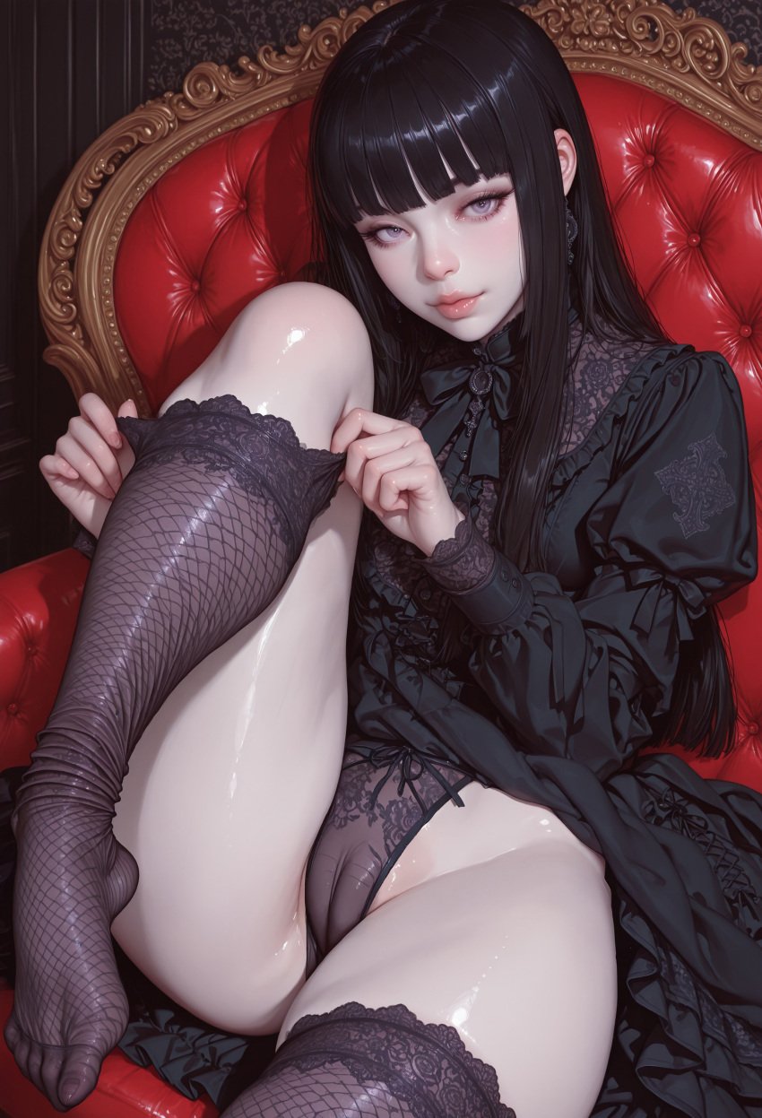 ai_generated amaranthine cameltoe civitai dark_hair dress dressing_up female heiress_of_the_hidden_halls hime_cut laced_corset pale_skin sitting thighs tights toes vagina_visible_through_clothing victorian_dress