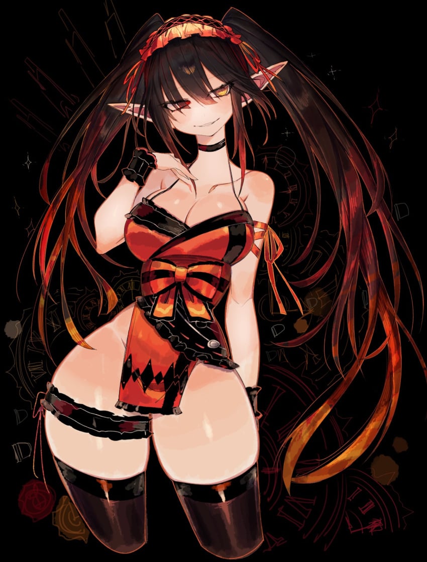 2d 2d_(artwork) ass big_breasts black_hair breasts date_a_live elf_ears heterochromia light-skinned_female long_hair red_eyes solo solo_female thick_thighs thighs tokisaki_kurumi twintails usa37107692