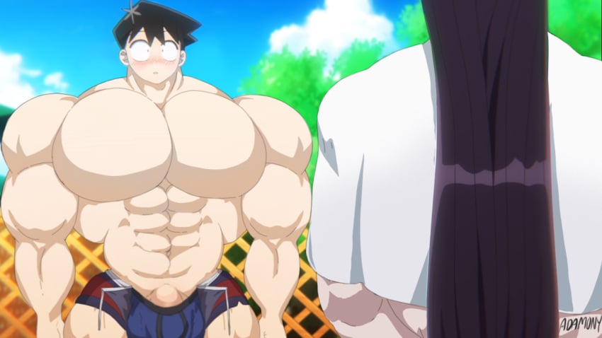 1boy 1girls abs adamony biceps big_muscles big_pecs big_penis couple hyper_muscles komi-san_wa_komyushou_desu komi_shouko light-skinned_female light-skinned_male looking_at_another male male_focus muscular muscular_female muscular_male pecs penis penis_peek screenshot_edit swimwear tadano_hitohito tagme untied