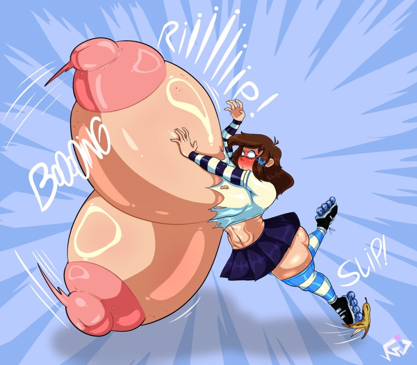 2d_(artwork) banana_peel blushing breast_expansion breasts_bigger_than_body breasts_bigger_than_head breasts_bigger_than_torso brown_hair gj1407bzz huge_ass huge_breasts hyper_breasts midriff ripped_clothing roller_skates skirt slipping thighhighs