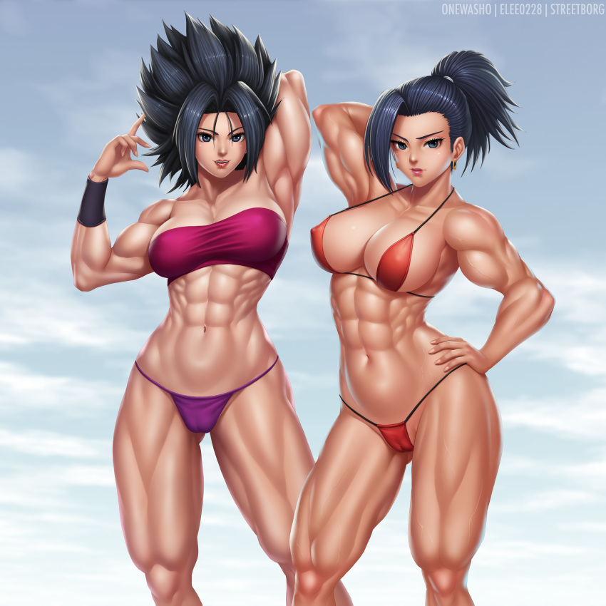 2girls abs biceps big_breasts black_eyes black_hair breasts caulifla cleavage dragon_ball dragon_ball_super earrings elee0228 female female_only hair hips huge_breasts kale light-skinned_female light_skin lips lipstick long_hair looking_at_viewer muscles muscular muscular_female muscular_thighs muscular_woman muscular_women onewasho pink_lips pink_lipstick ponytail red_bikini saiyan shiny shiny_skin smile spiked_hair spiky_hair thick_thighs triceps veins