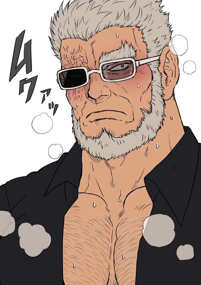 1boy adams_apple bara beard big_eyebrows blush bushy_eyebrows chun_(luxtan) collarbone collared_shirt detective_conan frown frowning glasses gray_hair hairy hairy_chest hairy_male hyoue_kuroda japanese_text large_eyebrows looking_at_viewer male male_only no_background no_sex old_man older_male one_eye_obstructed open_clothes policeman scar scar_on_face sfw shounen_sunday smoke solo solo_focus solo_male spiky_hair staring_at_viewer sweating thick_neck tms_entertainment white_background wrinkles