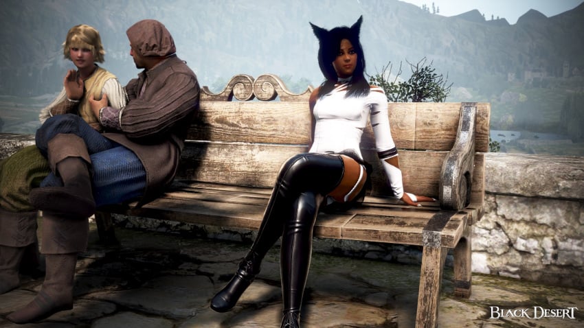 3d arab_female arabian_female bdo beurette black_desert black_desert_online black_hair black_leather_boots commentary_request dark-skinned_female dog_ears exposed game_screenshot high_heel_boots irl_character overknee_boots pretty_face yourbdoslave