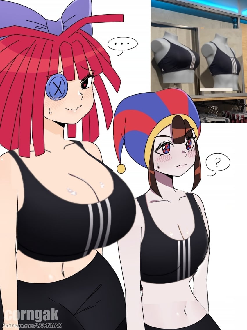 2d better_version_available black_clothes bow_in_hair breast_comparison breast_size_difference brown_hair button_eyes clavicles corngak curvy_female edited edited_image embarrassed_female glitch_productions gooseworx gray_body huge_breasts jester jester_hat looking_to_the_side medium_support_(meme) meme messy_hair pomni pomni_(the_amazing_digital_circus) ragatha ragatha_(the_amazing_digital_circus) red_hair short_hair small_breasts smaller_female taller_girl the_amazing_digital_circus thick_thighs thighs thin_female wide_hips