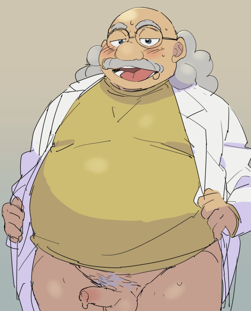 1boy b_unko_3333 balding big_belly big_nose blush chubby chubby_male detective_conan elderly elderly_male exposing_self fat fat_belly fat_man glasses gray_background gray_eyebrows gray_hair half-closed_eyes hiroshi_agasa lab_coat labcoat looking_at_viewer male male_only mature mature_male mature_man moustache no_pants no_underwear obese obese_male old_man open_mouth overweight overweight_male pantless pubic_hair round_belly scientist semi-erect shounen_sunday thick_eyebrows thick_thighs tms_entertainment yellow_shirt