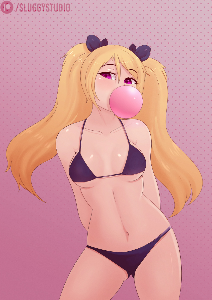 bikini blonde_hair bubblegum clothing female female_only hair long_hair lunarii pink_hair solo watermark