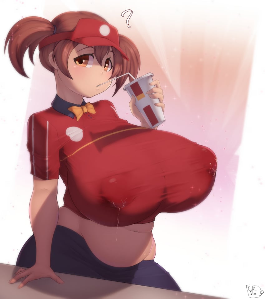 1girls ? alternate_breast_size belly blush breasts brown_eyes brown_hair coffeeslice covered_erect_nipples covered_nipples cup curvy curvy_female disposable_cup drinking_straw dutch_angle employee_uniform erect_nipples erect_nipples_under_clothes fast_food_uniform female_only gigantic_breasts hataraku_maou-sama! huge_breasts human_only lactation lactation_through_clothes looking_at_viewer midriff navel nipple_bulge no_bra plump puffy_nipples sasaki_chiho shirt short_hair short_sleeves short_twintails skirt solo solo_female stomach taut_clothes taut_shirt twintails uniform venus_body visor_cap voluptuous wide_hips