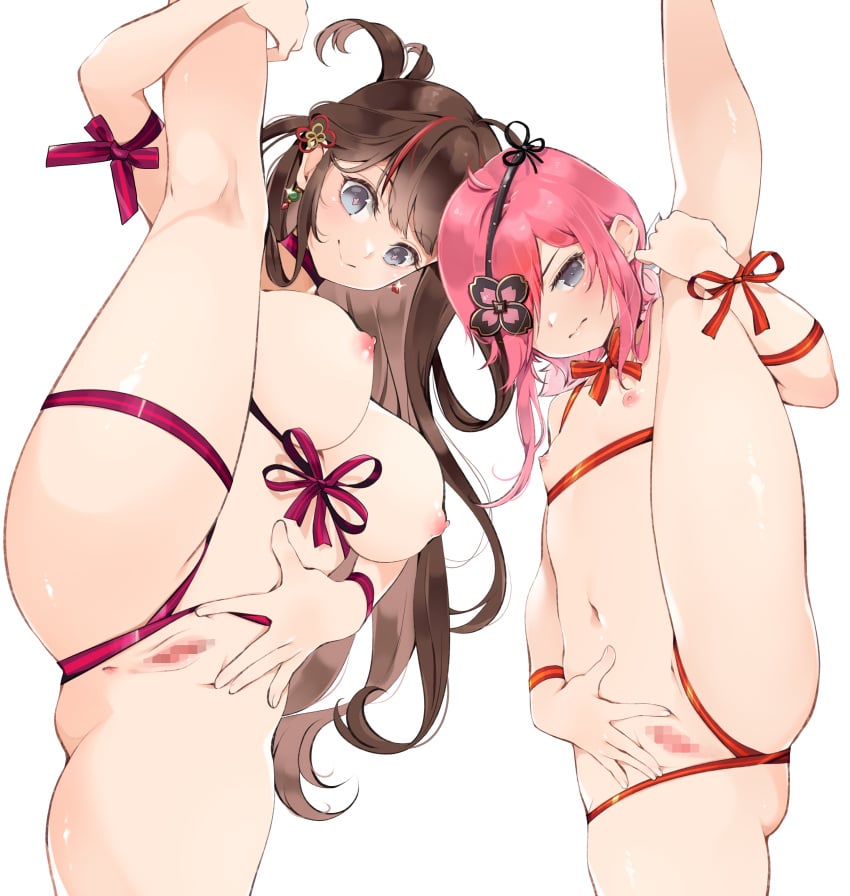 +_+ 2girls absurdres blue_eyes blush breasts brown_hair chinese_knot commission commissioner_upload earrings eyepatch flat_chest flower-shaped_pupils hair_ornament hair_over_eyes hair_over_one_eye hair_rings hairpin heart highres jewelry kazakiri_(senran_kagura) kinako_(mzknk0) large_breasts leg_up long_hair mismatched_earrings multicolored_hair multiple_girls multiple_hairpins naked_ribbon navel nipples nude pink_hair pink_pupils red_streaks ribbon senran_kagura short_hair simple_background skeb_commission spoken_blush spoken_heart spread_pussy streaked_hair symbol-shaped_pupils take_your_pick toki_(senran_kagura) white_background wrapped_up