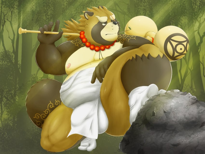 balls belly big_balls big_belly bulge canid canine clothing fundoshi gyobu hammer hi_res japanese_clothing jewelry jinku_56 legwear male male_only mammal necklace nipples overweight raccoon_dog robe scar slightly_chubby socks tabi tanuki tattoo tokyo_afterschool_summoners tools underwear video_games