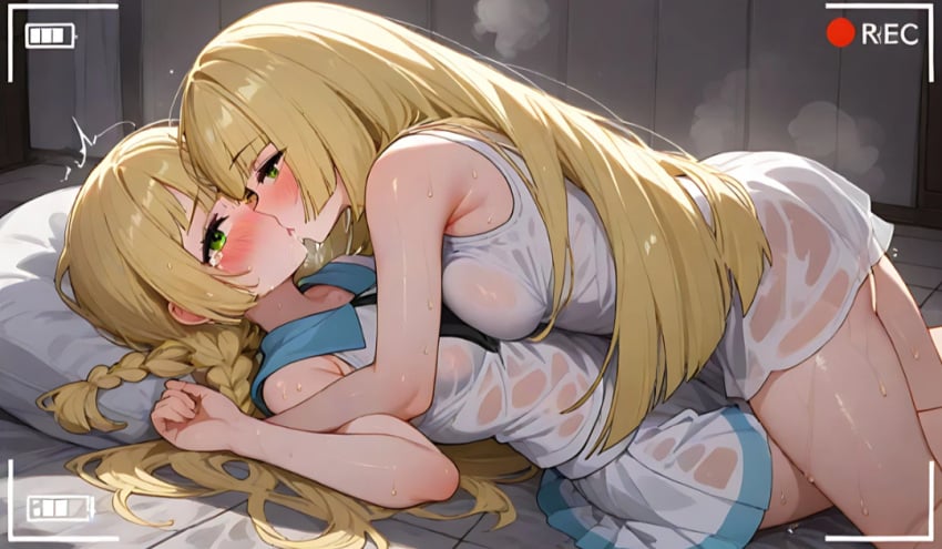 2girls ai_generated blonde_hair blush crying daughter fully_clothed green_eyes incest kissing large_breasts lillie_(pokemon) lusamine_(pokemon) lying_on_back mother mother_and_daughter pokemon sweat wet_clothes yuri