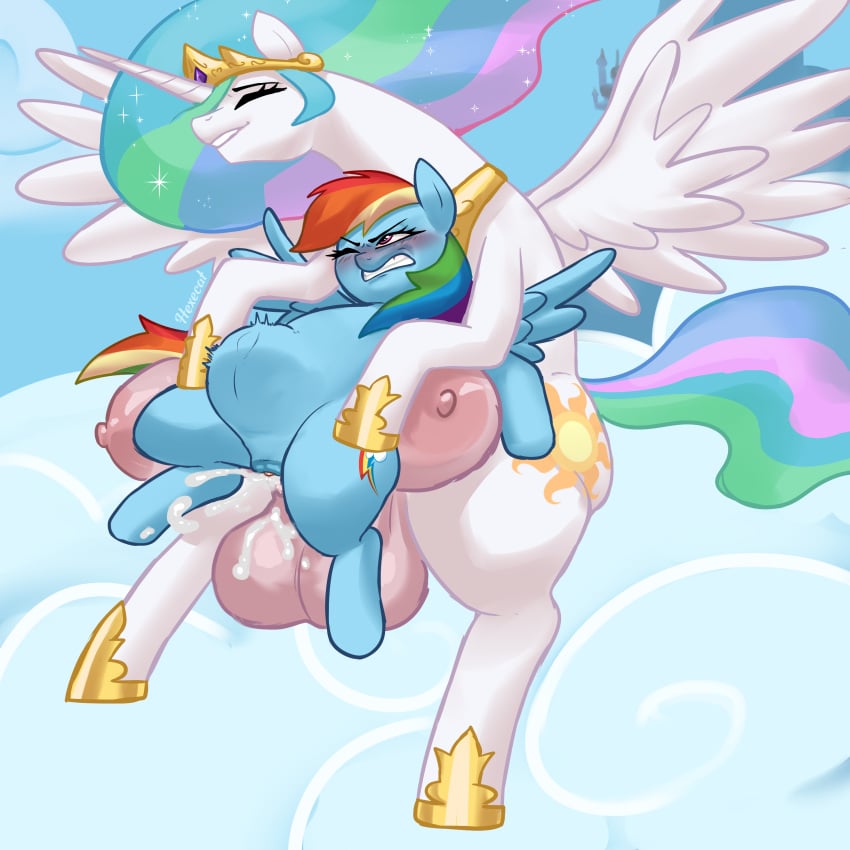 absurd_res alicorn ass big_butt big_penis blue_body blue_fur blush bodily_fluids canterlot clenched_teeth closed_eyes cloud crotch_breasts cum cum_in_pussy cum_inside duo equid equine ethereal_hair female feral friendship_is_magic fur genital_fluids genitals gynomorph hair hasbro hexecat hi_res horn horse hyper hyper_genitalia inflation inflation intersex intersex/female jewelry mammal multicolored_hair my_little_pony mythological_creature mythological_equine mythology nude on_sky outside pegasus penis pony princess_celestia_(mlp) rainbow_dash_(mlp) size_difference sky spread_wings stomach_bulge teeth vaginal_penetration white_body white_fur wings