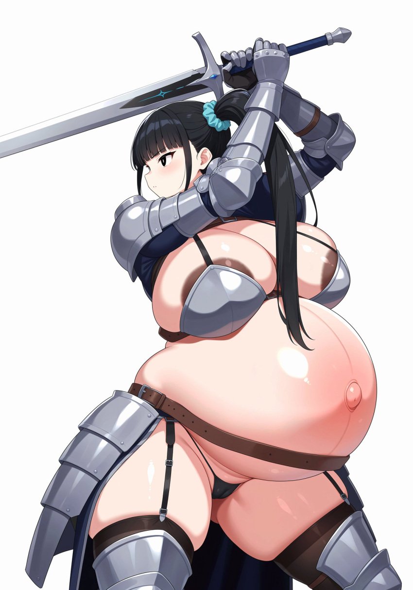 ai_generated armor armored_female bloated_belly dark_nipples heterosexual hyper_belly original pregnant pregnant_belly pregnant_female ready_to_pop swordfat_thighs thon thong