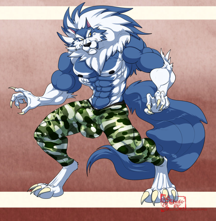 2019 4_toes 5_fingers abs anthro biceps black_nose blue_fur blue_hair blue_skin bulge canid canine canis capcom claws clothed clothing darkstalkers digitigrade eyebrows fur gallon gloves_(marking) hair hungothenomster jon_talbain looking_aside male male_only mammal mane markings multicolored_fur multicolored_hair multicolored_skin muscular muscular_male muscular_thighs neck_tuft nipples pants pecs sharp_teeth simple_background socks_(marking) solo standing teeth tight_clothing toes topless tuft two_tone_fur two_tone_hair two_tone_skin vampire_savior video_games were werecanid werecanine werewolf white_fur white_hair white_skin wolf