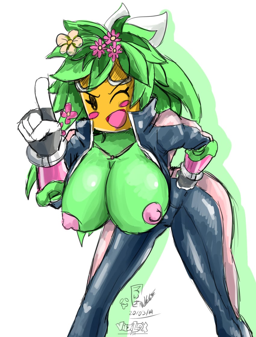 1girls 2019 big_breasts blaster_master blaster_master_zero blaster_master_zero_2 breasts cleavage clothed clothing erect_nipples eyebrows eyelashes female female_only flora_fauna flower green_hair green_skin hair huge_breasts humanoid humanoid_hands kanna_(blaster_master) latex mob_face nipples open_mouth open_smile plant plant_girl plantie smile thick thick_thighs unzipped_bodysuit viejillox voluptuous wide_hips