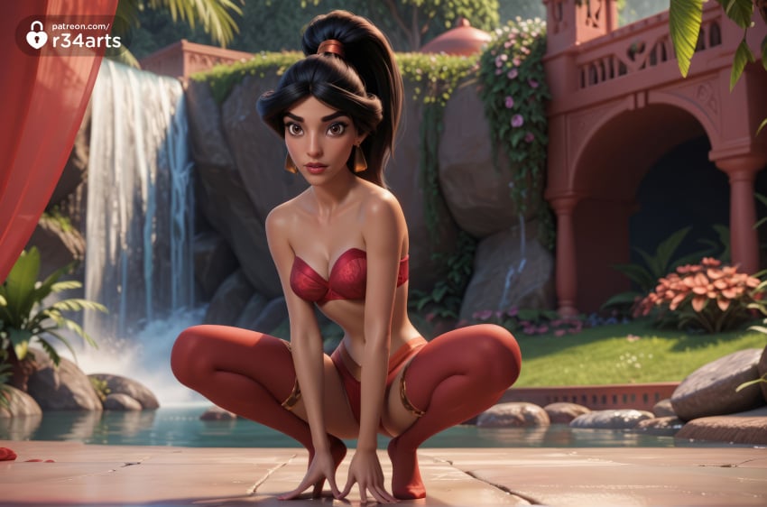 1girls ai_generated aladdin aladdin_(1992_disney_film) artist_name bare_shoulders black_hair bra breasts brown_eyes cleavage collarbone day earrings flower full_body hi_res high_ponytail instagram_logo jewelry lips long_hair looking_at_viewer medium_breasts navel outdoors panties ponytail princess_jasmine r34arts red_bra red_lips red_panties red_thighhighs solo spread_legs squatting strapless strapless_bra thighhighs tiptoes underwear water waterfall