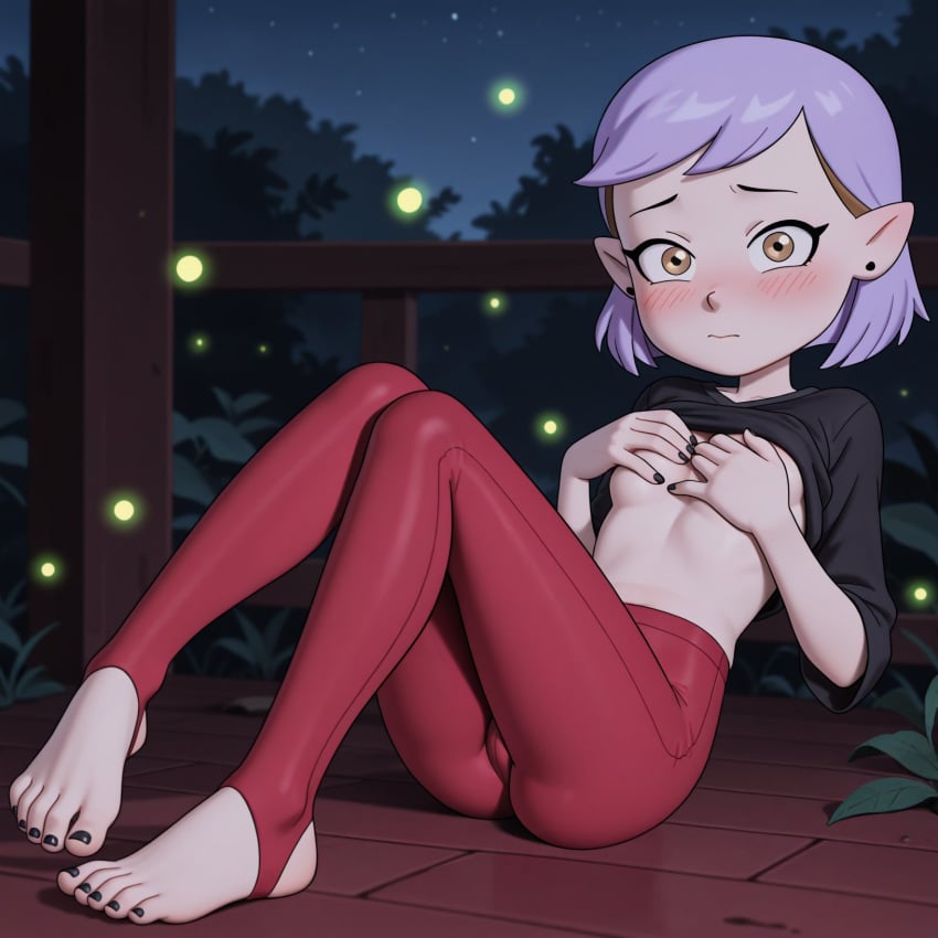 1girls ai_generated amity_blight black_nails blush cute disney female foot_fetish leggings light_skin mitylin purple_hair sitting solo the_owl_house toes