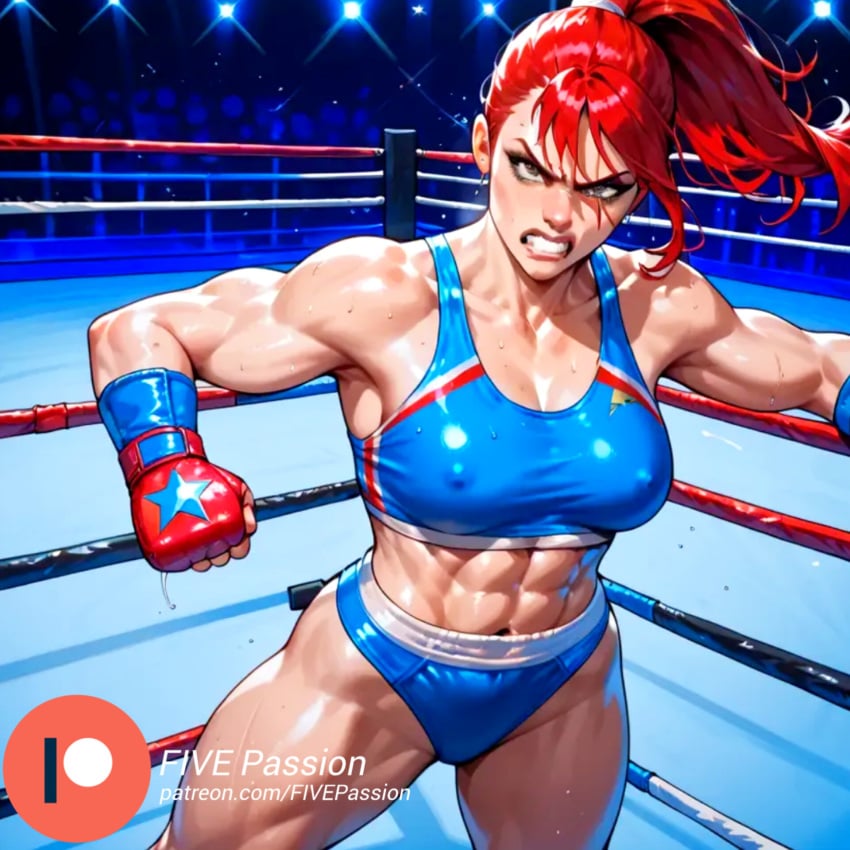 ai ai_assisted ai_generated angry big_breasts boxing_gloves color comic comic_page digital_art digital_media_(artwork) female female_focus female_only fight fighting fighting_ring five_passion red_hair sports_bra sports_uniform tight_clothing