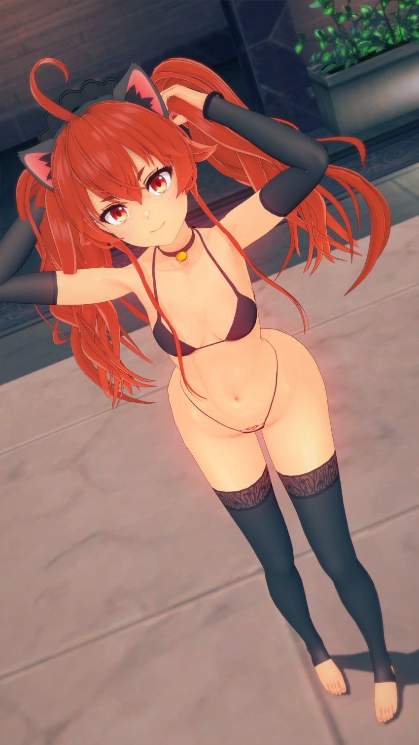 1girls 3d alternate_hairstyle armpits arms_behind_head barefoot bunching_hair cat_ears child_bearing_hips cleavage cute eris_greyrat feet female female_only fingerless_gloves hi_res legs looking_at_viewer medium_breasts mushoku_tensei navel playing_with_hair playing_with_own_hair pose posing red_eyes red_hair sensual sexy_armpits stomach_tattoo tattoo_on_stomach thighs thong_bikini twintails very_long_hair wide_hips young