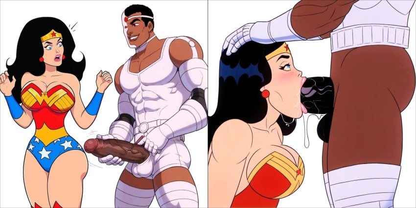 ai_generated blowjob cock_awe cyborg_(dc) dark-skinned_male dc dc_comics diana_prince fellatio fixed flashing_penis interracial justice_league oral pale-skinned_female shocked super_friends superfriends victor_stone will_of_ai wonder_woman