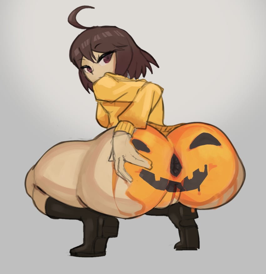 1girls ahoge anus ass ass_focus bare_legs bodypaint boots bottom_heavy bottomless brown_hair dddoodles female female_only halloween huge_ass light-skinned_female light_skin linne looking_at_viewer looking_back painted_butt pumpkin_butt purple_eyes pussy short_hair shortstack solo squatting thick_thighs under_night_in-birth