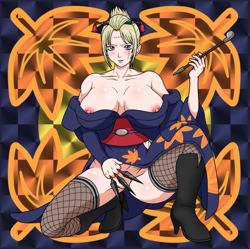 big_breasts blonde_hair blush boots censored convenient_censoring facial_scar female female_only fishnet_thighhighs fishnets full_body gintama hair_ornament high_heel_boots japanese_clothes kimono kiseru kunai kunoichi looking_at_viewer nipple_slip no_bra no_panties off_shoulder purple_eyes red_comet scar smoking smoking_pipe solo squatting thighhighs tied_hair tsukuyo