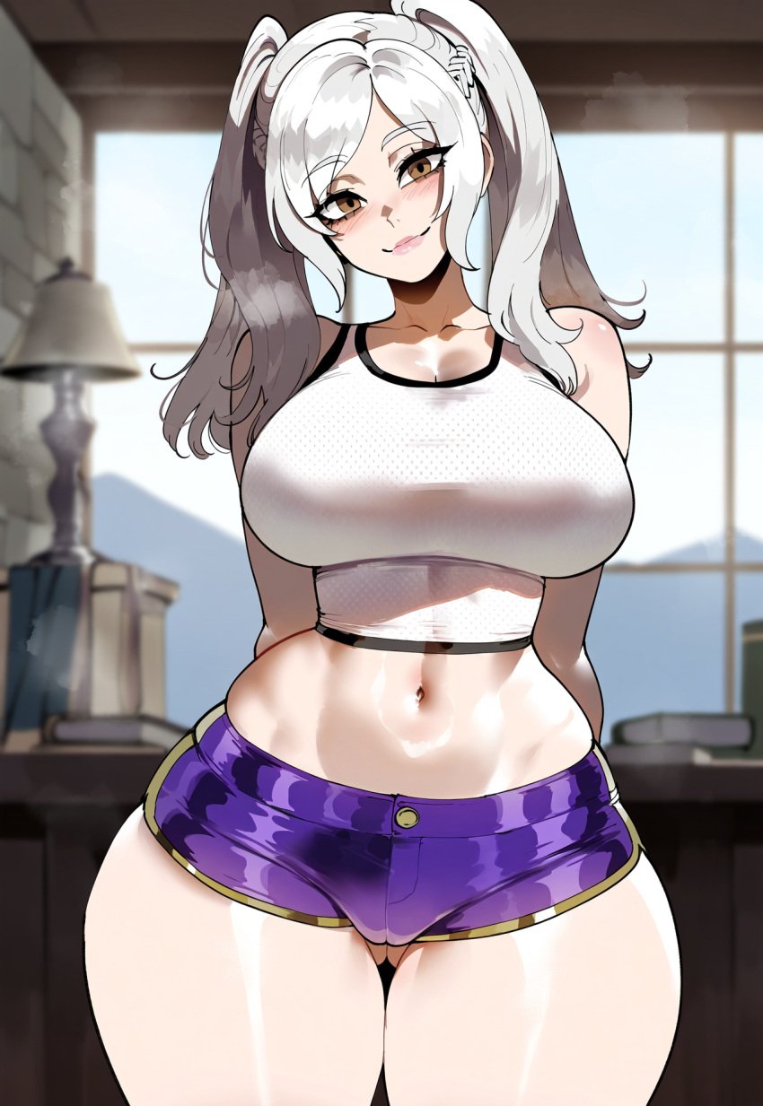 ai_generated arms_behind_back ass ass_focus big_ass big_breasts big_butt big_thighs brown_eyes closed_mouth crop_top curvy curvy_female curvy_figure dijiai fire_emblem focus from_front_position front_view head_tilt hourglass_figure indoors looking_at_viewer medium_hair navel nsfw pose robin_(fire_emblem)_(female) round_ass round_butt short_shorts smiling standing thiccwithaq_(ai_style) thick thick_ass thick_butt thick_legs thick_thighs thighs twintails wide_hips