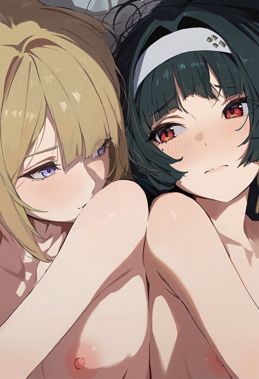 2girls ai_generated astra_yao bare_shoulders black_hair blonde_hair blush breasts evelyn_chevalier female looking_at_another nipples purple_eyes stable_diffusion yuri zenless_zone_zero