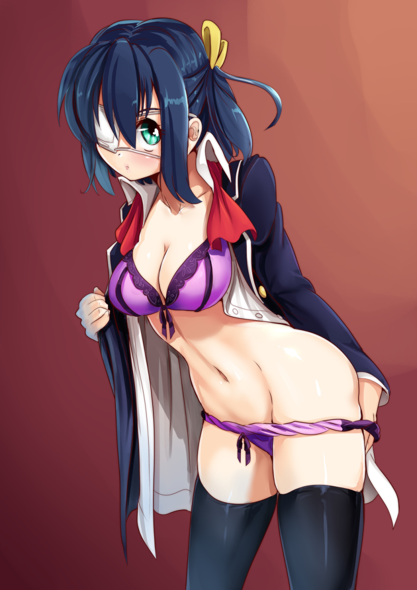 1girls alternate_breast_size aqua_eyes bangs black_legwear blue_hair blush bow_bra bow_panties bra breasts chuunibyou_demo_koi_ga_shitai! cleavage eyepatch female frown hair_between_eyes hair_ornament hair_ribbon looking_at_viewer narrow_waist navel nico-mo one_side_up open_clothes open_shirt panties panty_pull purple_bra purple_panties ribbon school_uniform short_hair skindentation solo takanashi_rikka thighhighs underwear undressing