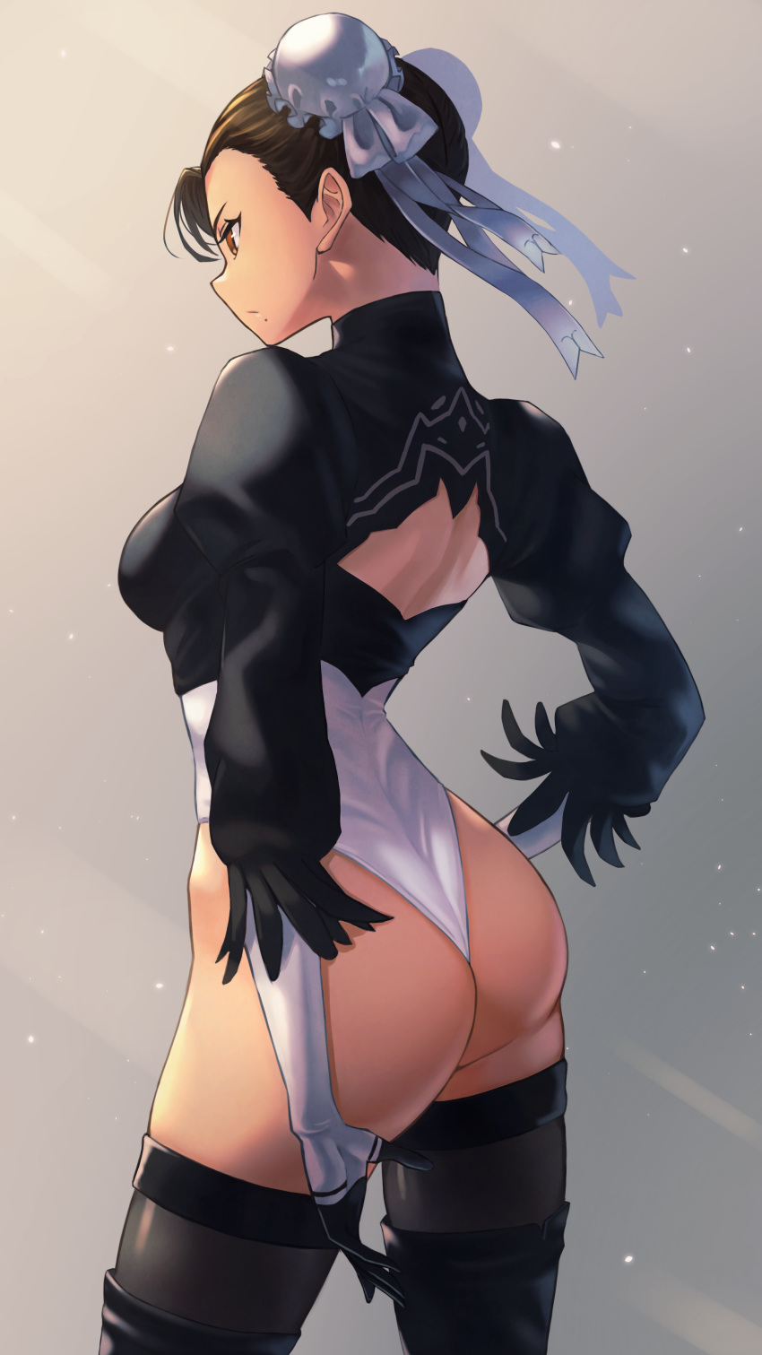 ass black_thighhighs boots breasts brown_eyes brown_hair chun-li closed_mouth cosplay double_bun feather_trim from_behind gloves gradient_background hair_bun hair_ornament hara_kenshi highleg highleg_leotard leotard looking_away medium_breasts mole mole_under_mouth nier:_automata nier_(series) puffy_sleeves shiny_clothes simple_background solo street_fighter thigh_boots thighhighs thighs turtleneck yorha_2b_(cosplay)