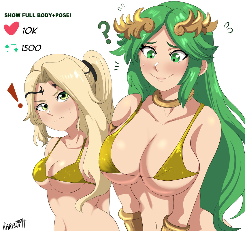 2girls absurd_res bikini blonde_hair breast_size_difference breasts english_text female gold_bikini green_eyes green_hair huge_breasts karbuitt kid_icarus kid_icarus_uprising long_hair naughty_face nintendo palutena strip_game text twitter_strip_game_(meme) viridi white_background