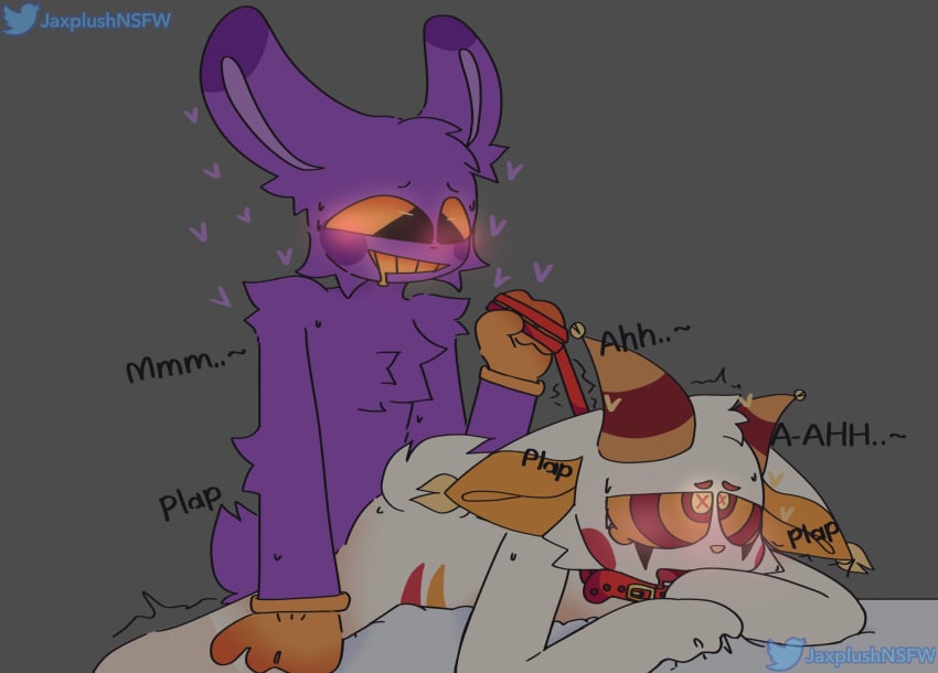 bunny_ears bunny_tail doxy__foxy00 fluffy furry gay grey_background jax_(the_amazing_digital_circus) purple_fur text_bubble the_amazing_digital_circus ych