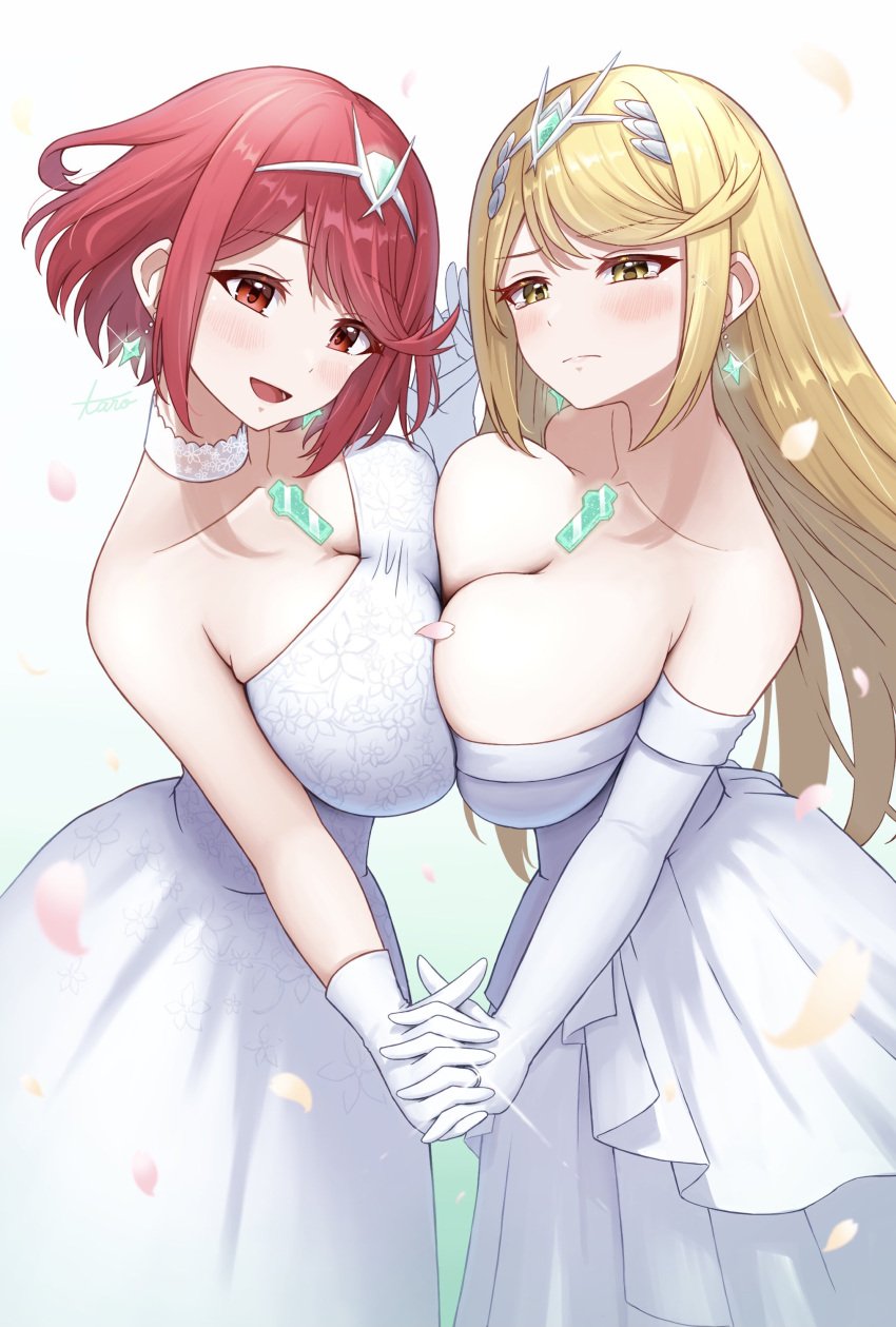 2girls alternate_costume big_breasts breasts
core_crystal female female_only mythra nintendo pyra symmetrical_docking taro_(peach_taro51) wedding_dress xenoblade_(series) xenoblade_chronicles_2