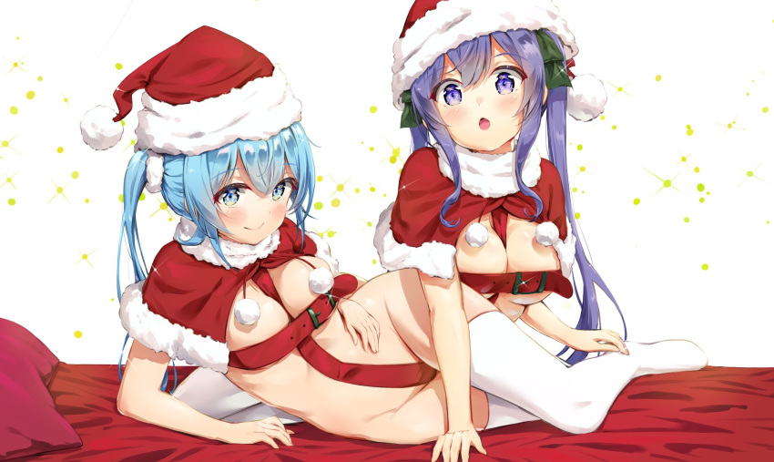 2girls bed bed_sheet big_breasts blue_eyes blue_hair blush breasts christmas christmas_hat christmas_outfit cleavage clothed clothing duo eyebrows_visible_through_hair female female_only h.live hat kefilia_neil kinakochi_mochi light-skinned_female light_skin looking_at_viewer luna_neige multiple_girls on_bed pillow purple_eyes purple_hair red_bed_sheet red_pillow revealing_clothes skimpy_clothes stockings twintails virtual_youtuber white_stockings