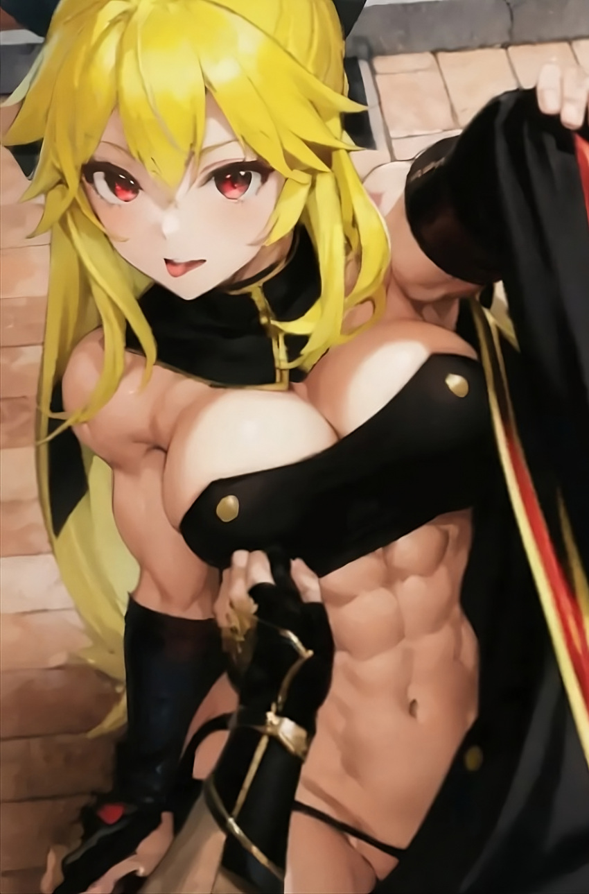 abs ai_generated blonde_hair feeling_up gloves grope hand holding_clothes looking_at_viewer midriff muscular_female navel red_eyes tongue_out touching_abs