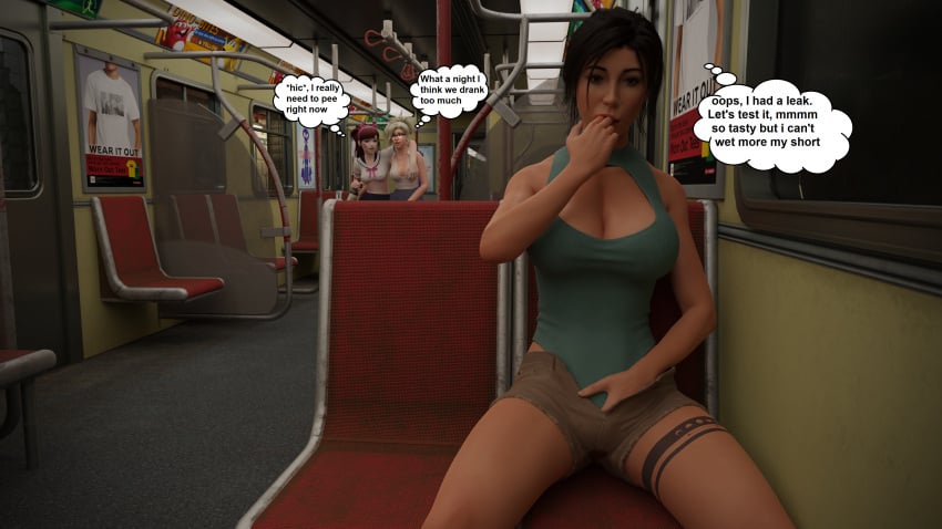 3d big_breasts brown_eyes brown_hair crop_top d.va drunk glasses hand_in_pants lara_croft lara_croft_(survivor) licking_fingers mercy overwatch overwatch_2 pee_stain peeing peeing_self piss_drinking short_skirt sitting_pee skirt smutnysize subway tattoo text text_bubble tomb_raider tomb_raider_(survivor) urination wetting_self