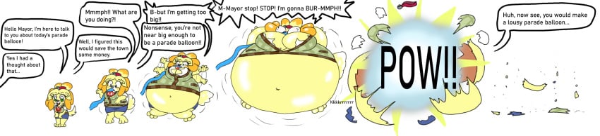 air_inflation animal_crossing blackmage20 bursting clothes_ripping comic eyes_bulging hose inflation isabelle_(animal_crossing) popping tagme uber_inflation