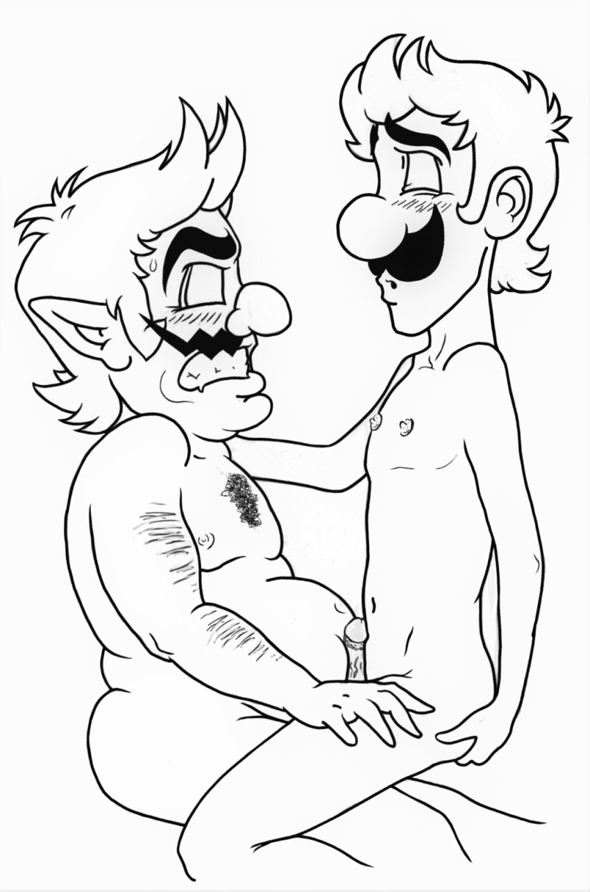 2boys anal anal_sex arm_hair belly blush body_hair chest_hair chubby chubby_male closed_eyes duo erection facial_hair fat fat_belly fat_man gay gay_sex human human_on_human luigi male male/male male_nipples male_only mario_(series) moustache nintendo nipples nude nude_male obese obese_male overweight overweight_male penis pointy_ears sex skinny skinny_male super_mario_bros. twistedangel wario white_background