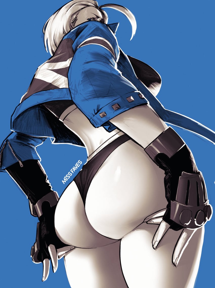 1girls ahoge artist_name ass ass_focus black_gloves black_panties blonde_hair blue_background blue_jacket blue_theme breasts cammy_white capcom commentary crop_top cropped_jacket female from_behind from_below gloves highres jacket large_breasts missfaves panties simple_background standing street_fighter street_fighter_6 twitter_username underwear union_jack