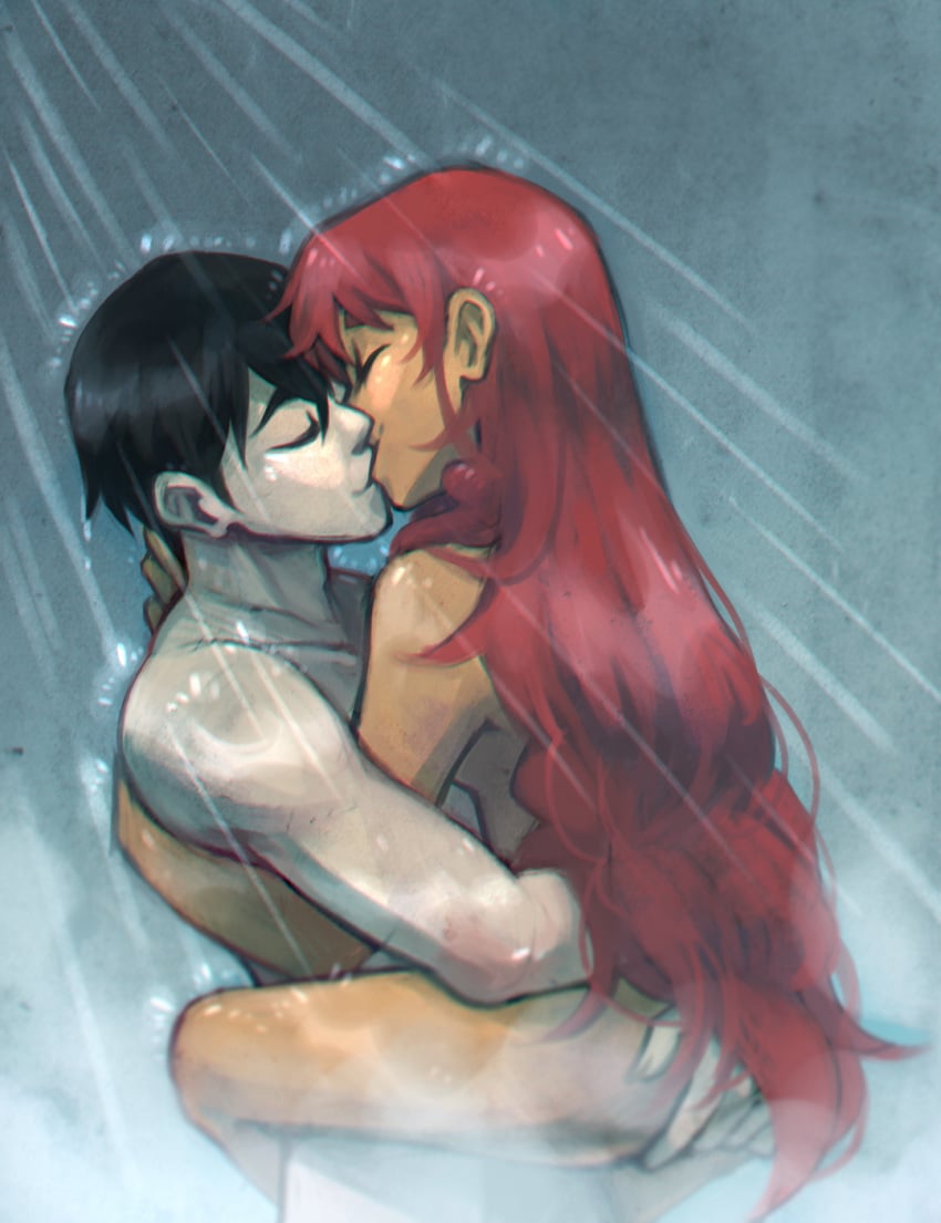 1boy 1girls alien alien_girl alien_humanoid ass ass_grab bare_shoulders black_hair closed_eyes color couple dar dc dc_comics dick_grayson eyes_closed female female/male happy holding human interspecies kissing koriand'r leg_lock light_skin long_hair male orange_skin red_hair redhead robin_(dc) robin_(dick_grayson) romantic romantic_couple shower shower_sex showering smile standing starfire straight tamaranean teen_titans very_long_hair wet white_skin