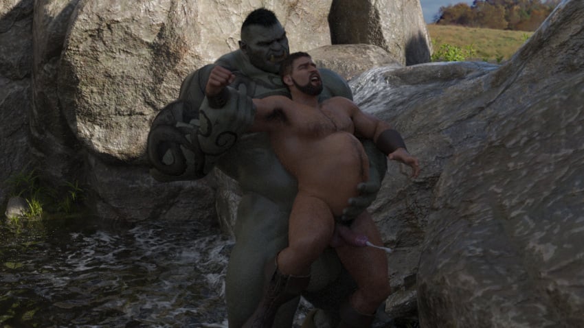 abs antaresmultiverse anus balls bodily_fluids cum_inflation duo fangs gay genital_fluids genitals human human_male humanoid humanoid_pointy_ears imminent_death imminent_sex leaking_precum light_skin light_skinned_male male male/male male_only mammal muscular muscular_humanoid muscular_male orc orc_male pecs penis precum size_difference teeth