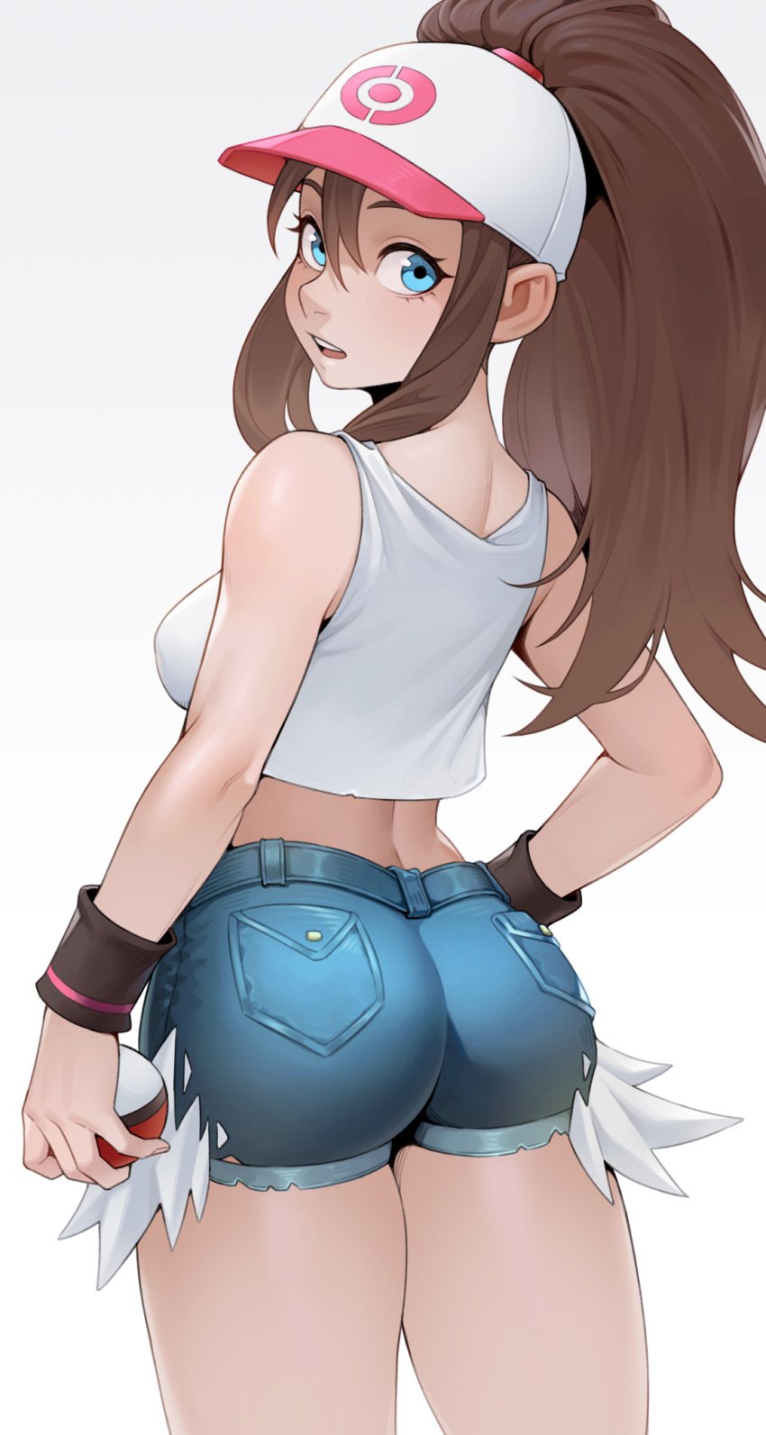 1girls ass ass_focus cheshirrr female hilda_(pokemon) pokemon pokemon_bw short_shorts shorts solo tank_top