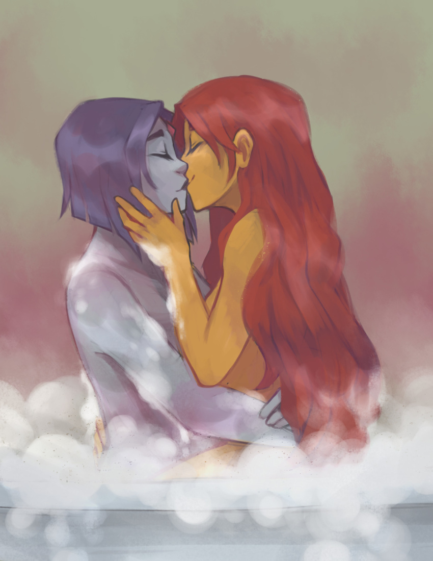 2girls bathtub color dar dc dc_comics eyes_closed female female_only grey_skin kissing koriand'r orange_skin purple_hair rachel_roth raven_(dc) red_hair starfire teen_titans yuri