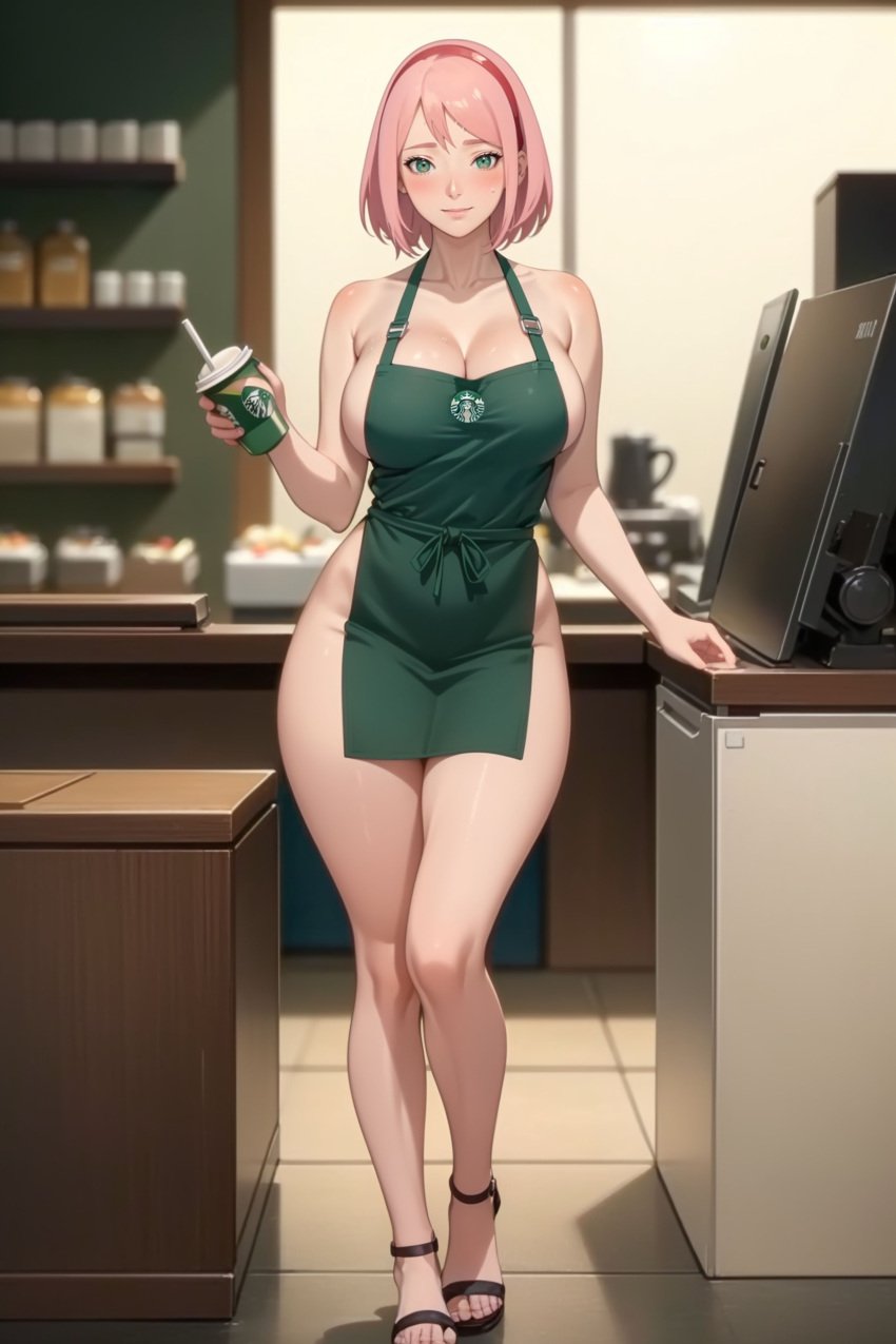 1girls ai_generated apron apron_only barely_clothed barista blush bob_cut boruto:_naruto_next_generations cafe cafeteria coffee coffee_cup curvaceous curvy curvy_body curvy_figure female female_only full_body functionally_nude green_eyes heels high_heels holding_object light-skinned_female light_skin looking_at_viewer mature mature_female meme_attire mostly_nude nai_diffusion naked_apron naruto naruto_(series) petite pink_hair pinup sakura_haruno samsara_ai shoulder_length_hair smile solo solo_focus stable_diffusion