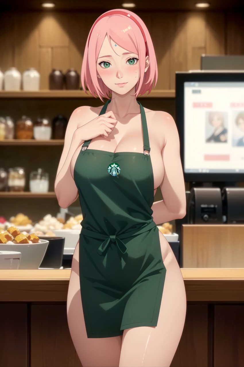 1girls ai_generated apron apron_only arm_behind_back barely_clothed barista blush bob_cut boruto:_naruto_next_generations cafe cafeteria curvaceous curvy curvy_body curvy_figure female female_only functionally_nude green_eyes hourglass_figure light-skinned_female light_skin looking_at_viewer mature mature_female meme_attire mostly_nude nai_diffusion naked_apron naruto naruto_(series) petite pink_hair pinup sakura_haruno samsara_ai shoulder_length_hair smile solo solo_focus stable_diffusion starbucks