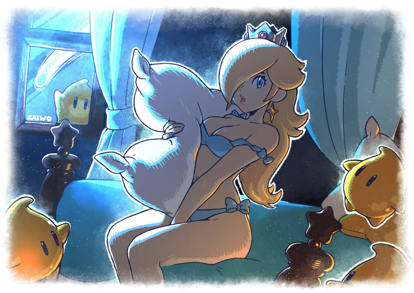 1girls 2024 2d 2d_(artwork) ass bed bedroom big_ass big_breasts big_butt big_thighs blonde_hair blue_bra blue_eyes blue_panties bra breasts comet crown earrings female holding_object lips long_hair looking_at_viewer mario_(series) night nintendo one_eye_covered one_eye_obstructed panties pillow pillow_grab pink_lips pink_lipstick princess_rosalina saiwo saiwoproject shiny_ass shiny_breasts shiny_butt shiny_hair shiny_skin side_ass sitting sitting_on_bed solo solo_female super_mario_galaxy thighs white_skin window yellow_eyes