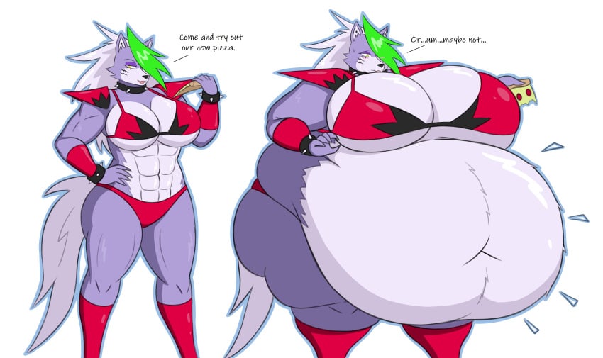 abs abs_to_flab bbw belly belly_expansion big_belly big_breasts breasts english_text fat female female_only five_nights_at_freddy's five_nights_at_freddy's:_security_breach fnaf furry green_hair huge_belly hyper_belly mizz-britt muscular muscular_female obese obese_female overweight overweight_female pizza ponytail purple_fur purple_hair roxanne_wolf_(fnaf) scottgames silver_hair ssbbw text thick_thighs thong weight_gain wolf wolf_girl