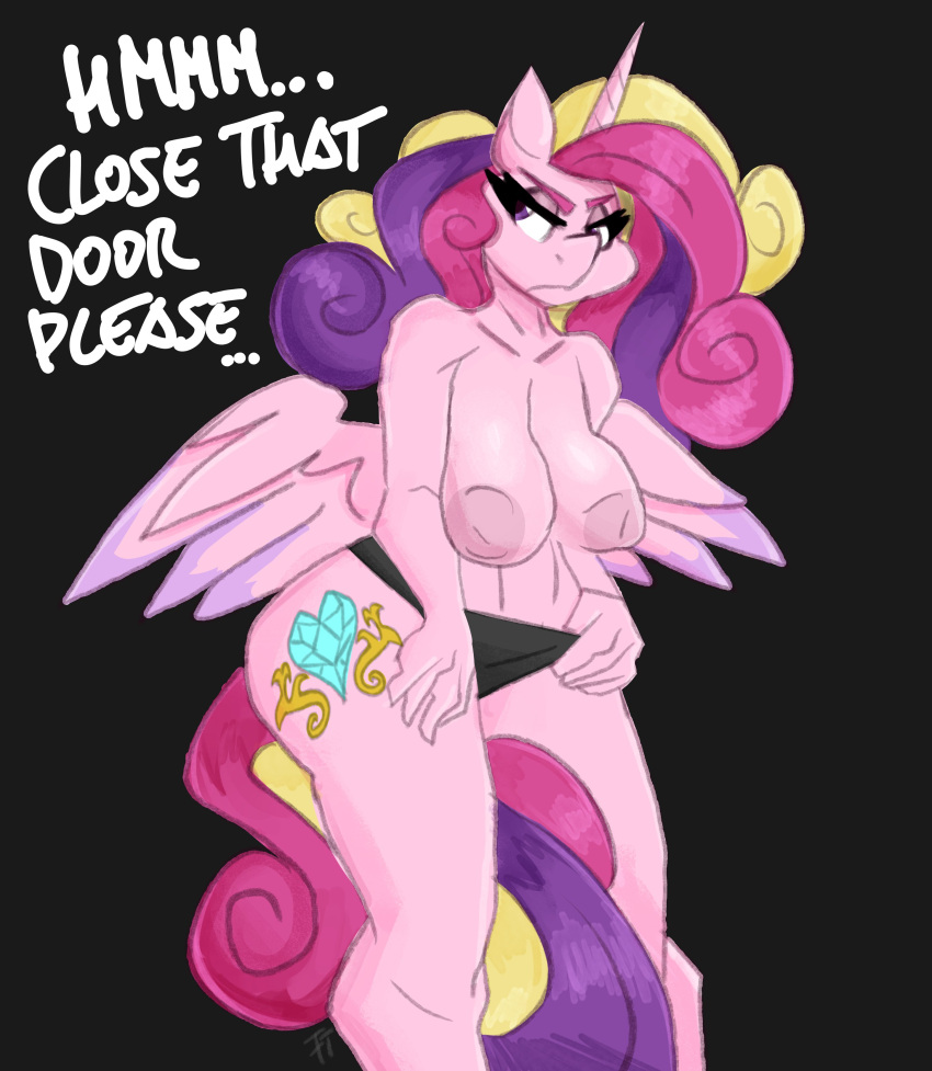 alicorn anthro areola blonde_hair bottomwear breasts clothing cutie_mark equid equine feathered_wings feathers female female_only flutterthrash friendship_is_magic frown hair hasbro horn long_hair mammal multicolored_hair multicolored_tail my_little_pony nipples panties pink_body pink_eyes pink_feathers pink_fur pink_hair pink_tail princess_cadance_(mlp) purple_hair purple_tail solo tail thick_thighs topless underwear wide_hips wings yellow_tail