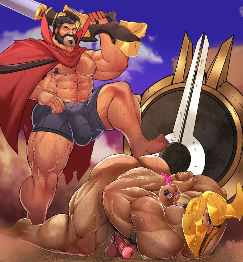 atreus_(league_of_legends) balls bara beard big_balls big_penis bulge facial_hair gay hands_behind_back human_on_human human_only league_of_legends malcolm_graves male male/male male_only muscles muscular nude pantheon penis robertsilva2019