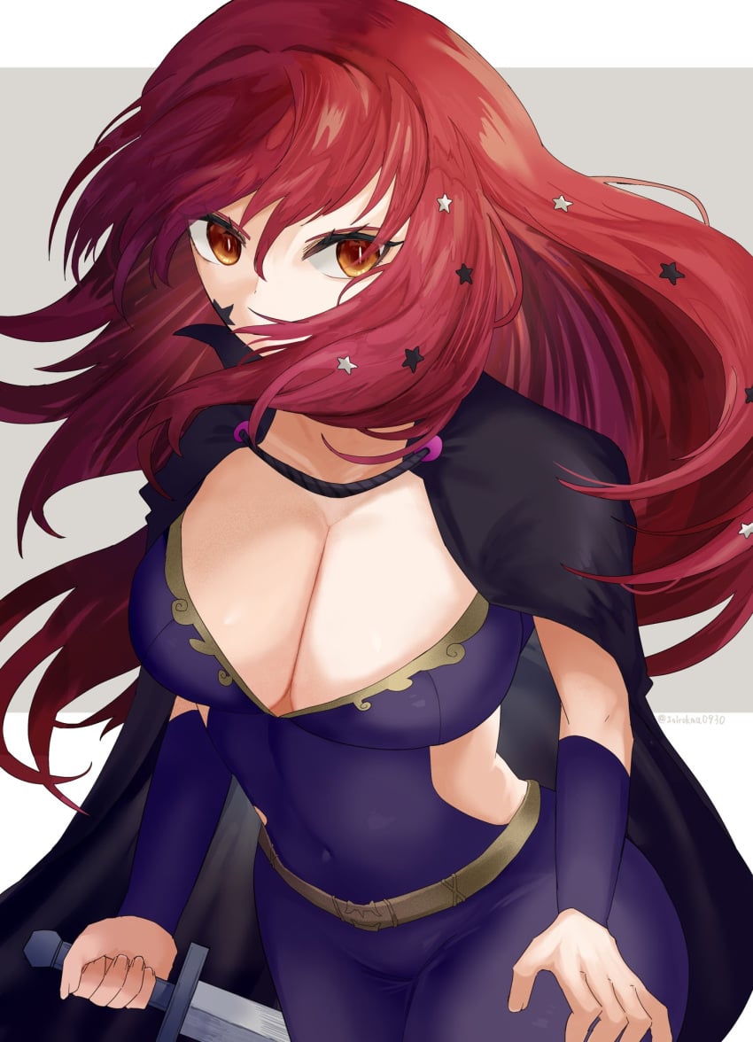 1girls 2sirokma0930 black_cape bodysuit breasts cape choker cleavage clothing_cutout covered_navel facial_mark female female female_only fire_emblem fire_emblem_engage floating_hair gold_belt hair_ornament highres large_breasts long_hair looking_at_viewer nintendo purple_bodysuit red_eyes red_hair simple_background solo star_(symbol) star_facial_mark star_hair_ornament yunaka_(fire_emblem)