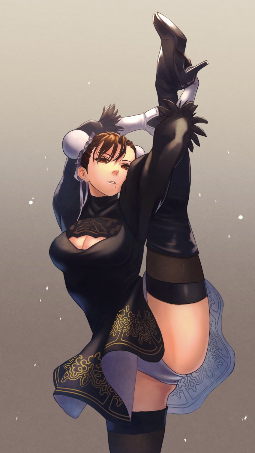 black_footwear black_thighhighs boots breasts brown_eyes brown_hair chun-li cleavage clothing_cutout cosplay double_bun dress feather_trim flexible gloves gradient_background hair_bun hara_kenshi high_heel_boots high_heels long_sleeves medium_breasts mole mole_under_mouth nier:_automata no_blindfold panties parted_lips puffy_sleeves simple_background solo split standing standing_on_one_leg standing_split street_fighter thigh_boots thighhighs thighs underwear white_panties yorha_2b_(cosplay)